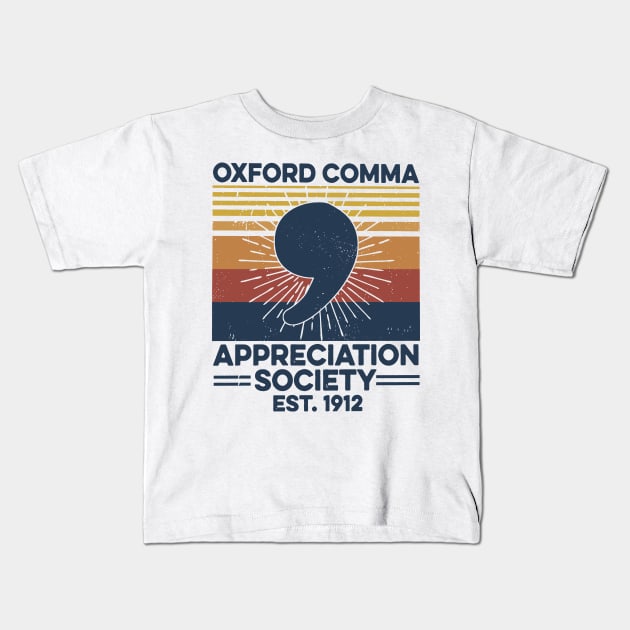 Retro Oxford Comma Appreciation Society Kids T-Shirt by Phylis Lynn Spencer